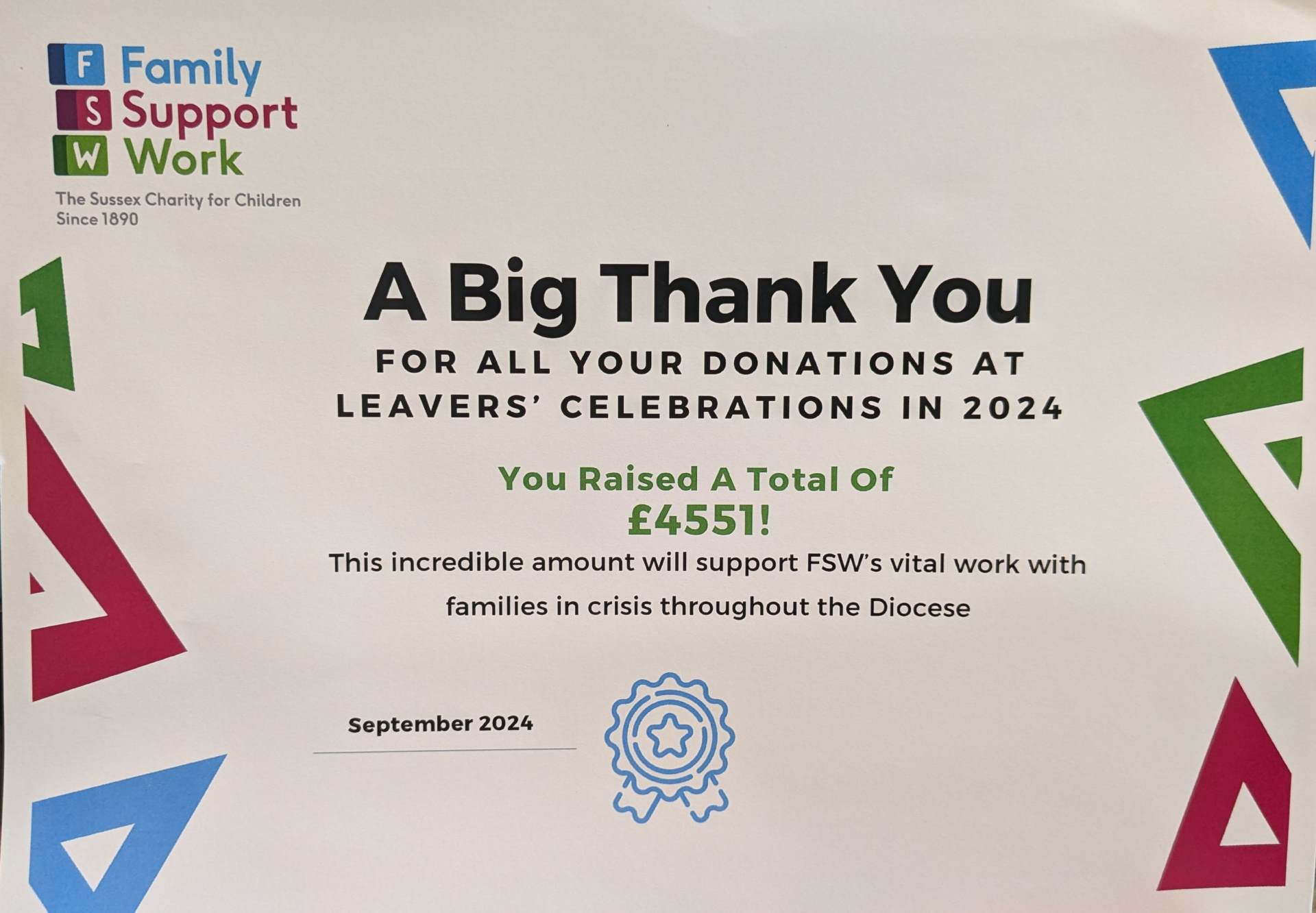 A certificate showing we helped to raise £4551 for Family Support Work